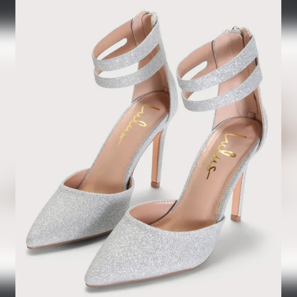 LULUS Billyy Silver Glitter Pointed-Toe Ankle Strap Holiday Bridal Heels 7.5